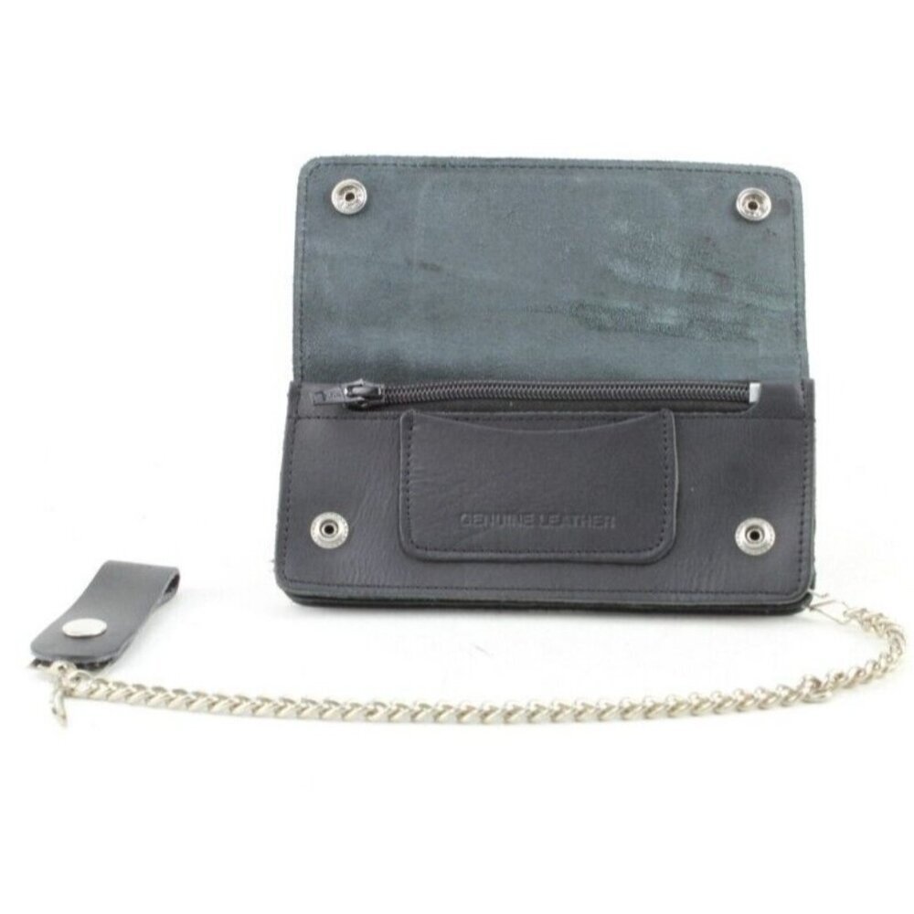Men's Classic Genuine Premium Leather Snap Chain Trucker Biker Wallet Black NEW - Picture 8 of 9